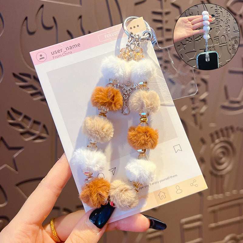 Handmade DIY Fur Ball Beaded Mobile Phone Chain Pendant Accessories Creative Car Bag Keychain High-end Sense Charm