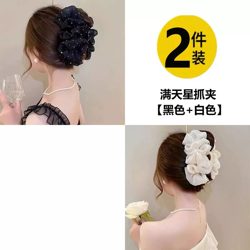 Korean high-end mesh bow claw clip for women, sophisticated and fashionable new back hair updo clip, shark clip