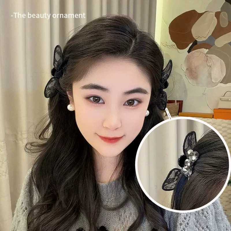 Mesh black bow hair chuck headdress, princess head small scratch clip broken hair, side bangs, clip, forehead hairpin woman
