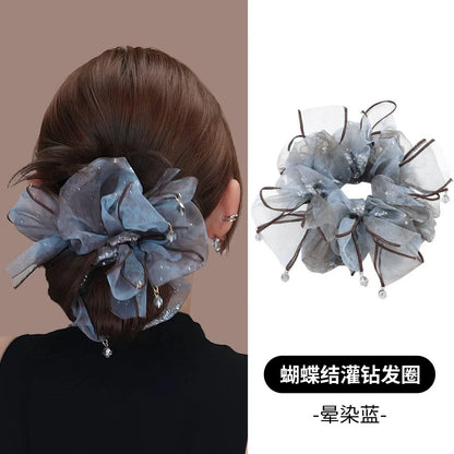 High-end rhinestone mesh bow hair tie for women, high hair volume, elastic sequins for accents, small pendants, hair tie hair accessories