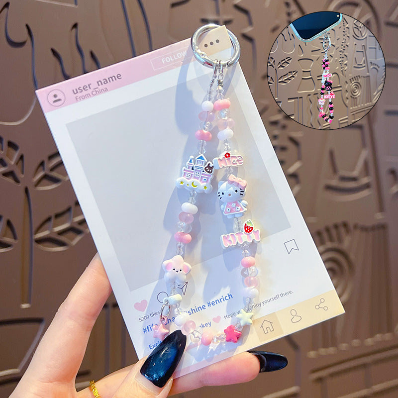 Handmade KT beaded alloy mobile phone chain pendant creative DIY Hello Kitty high-end sense bag keychain pendant