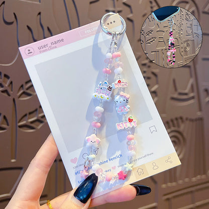 Handmade KT beaded alloy mobile phone chain pendant creative DIY Hello Kitty high-end sense bag keychain pendant