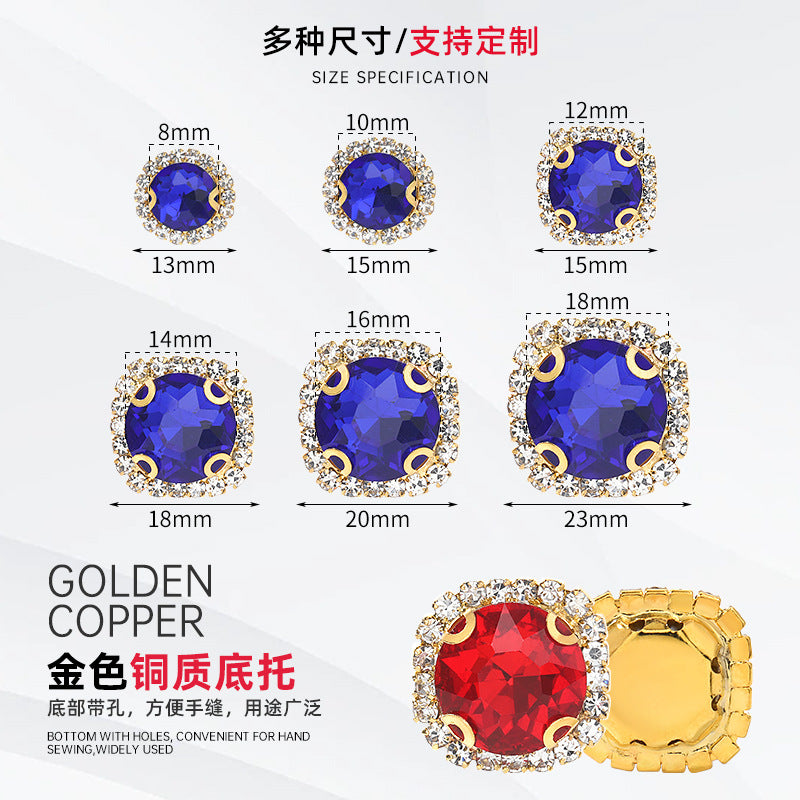 Gemstone flower edge claw drill with perforated holes, hand-sewn diamond, thickened gold base for clothing decoration accessories, gemstone flower crystal buckle