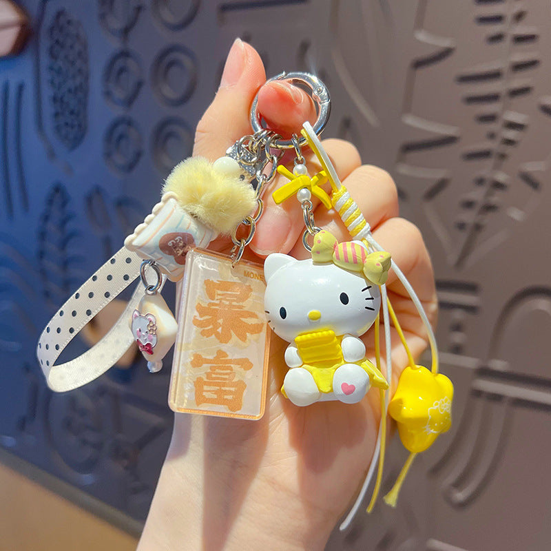 Handmade DIY Hello Kitty Cat Changing Baby Beaded Keychain Doll Pendant Cartoon KT Bag Doll Mobile Phone Chain Pendant
