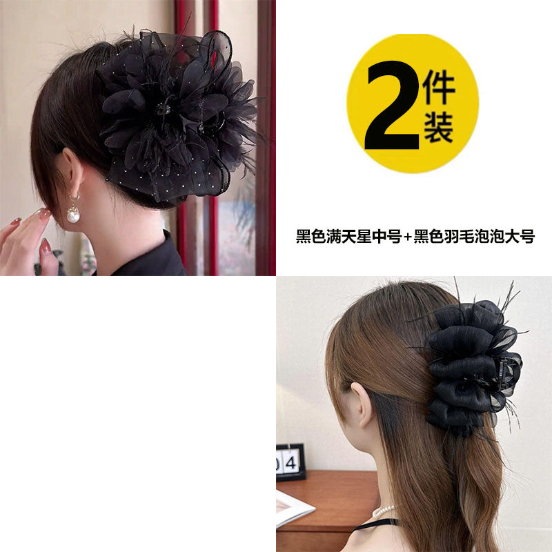 Elegant mesh bow hair clips for women, sophisticated and fashionable new feather claw clips with shark clips on the back of the head