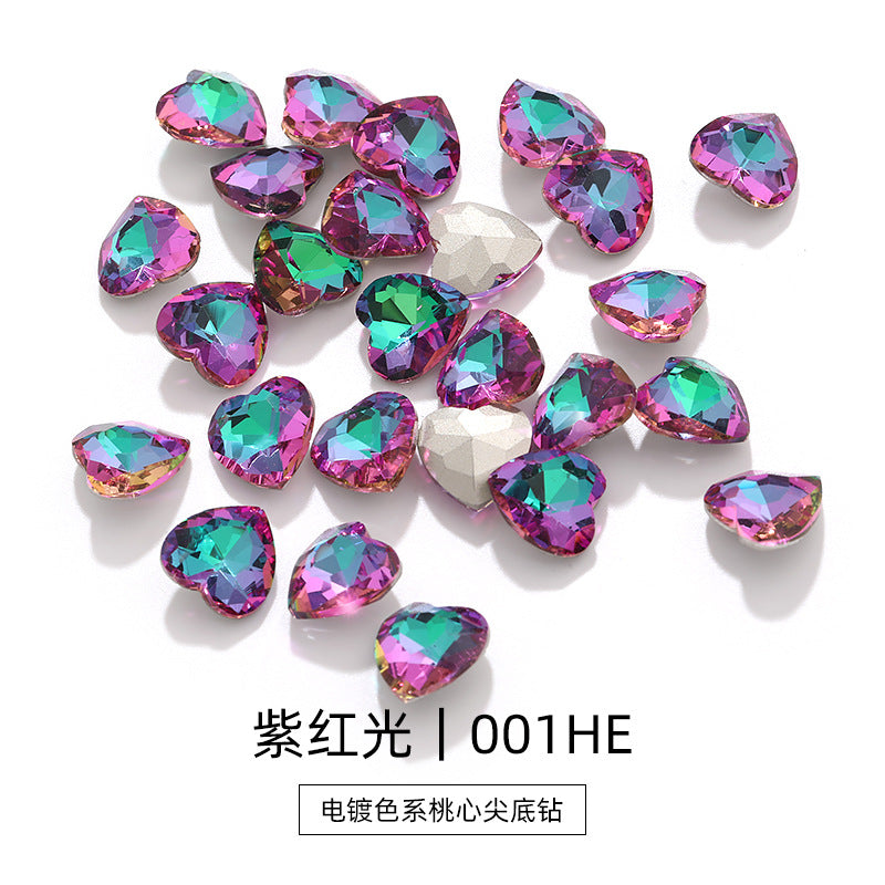 Love electroplating color peach heart pointed bottom diamond multi-color love crystal glass diamond wedding dress clothing shoe bag DIY accessories