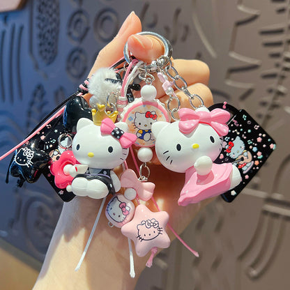 Handmade DIY Hello Kitty Cat Changing Baby Beaded Keychain Doll Pendant Cartoon KT Bag Doll Mobile Phone Chain Pendant