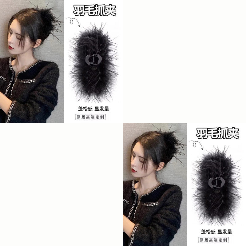 Black feather claw clip for women, high-end 2026 new style, large size ostrich feather shark clip, back of head updo hair clip