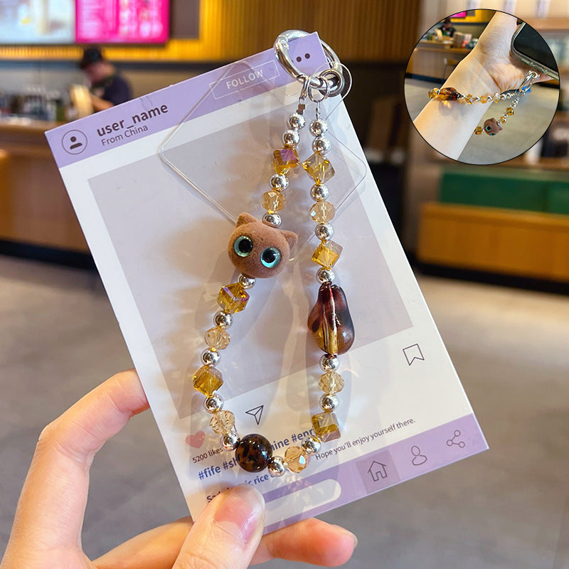 Handmade DIY Maillard Cat Beaded Mobile Phone Chain Pendant Leopard Print Doll Bag Keychain Pendant
