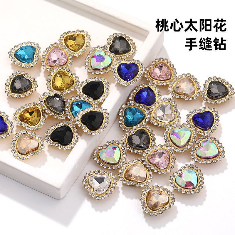 Factory wholesale Peach Heart Sunflower double-layer heart-shaped glass hand-sewn diamond DIY shoes and bags, clothing accessories, accessories