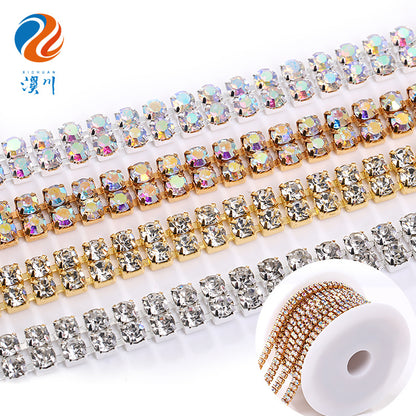 Cross-border new colorful double-row claw chain DIY accessories, diamond chains, gold and silver base, full roll diamond-mounted DIY clothing accessories