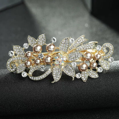 Elegant pearl rhinestone gold hair clip, new women's high-end flash rhinestone off-line spring clip, back hair updo