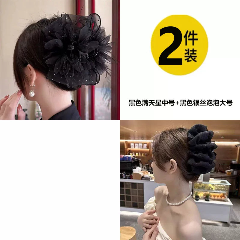 Korean high-end mesh bow claw clip for women, sophisticated and fashionable new back hair updo clip, shark clip