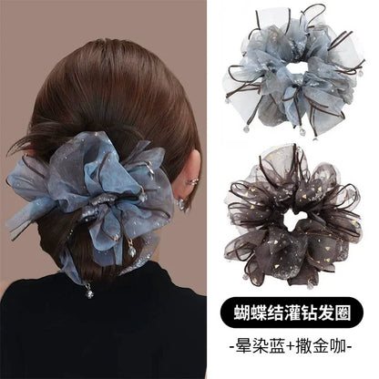 High-end rhinestone mesh bow hair tie for women, high hair volume, elastic sequins for accents, small pendants, hair tie hair accessories