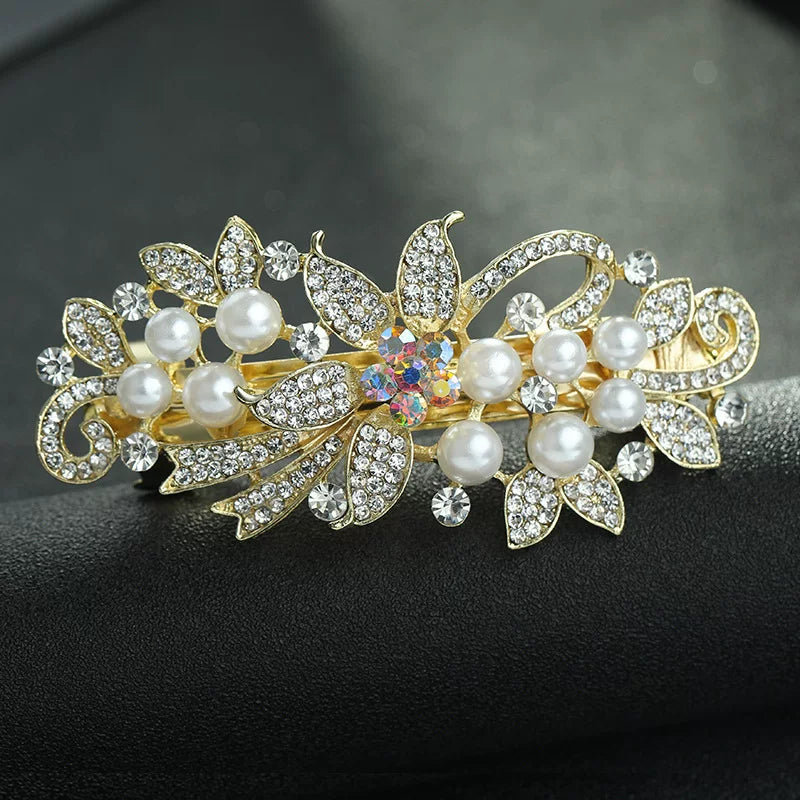 Elegant pearl rhinestone gold hair clip, new women's high-end flash rhinestone off-line spring clip, back hair updo