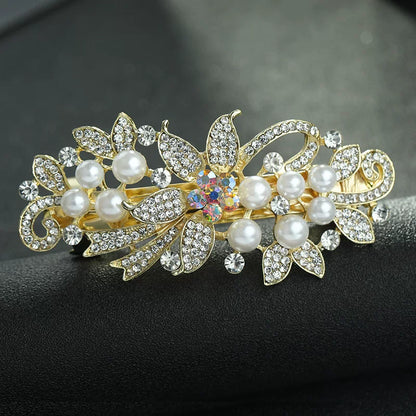 Elegant pearl rhinestone gold hair clip, new women's high-end flash rhinestone off-line spring clip, back hair updo