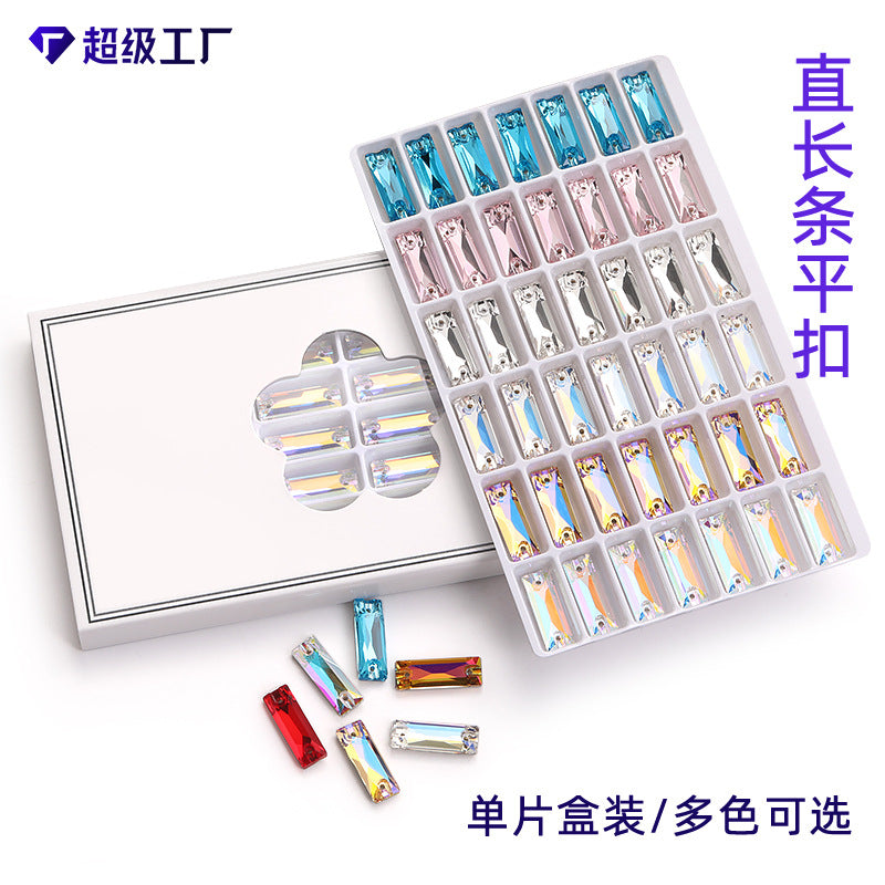 Double Hole Long Bar Flat Bottom Rhinestone - Hand-Stitched Scratch-Resistant AB Color Straight Strip Flat Buckle for Clothing Luggage