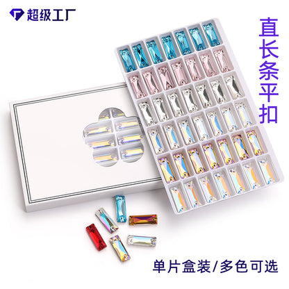 Double Hole Long Bar Flat Bottom Rhinestone - Hand-Stitched Scratch-Resistant AB Color Straight Strip Flat Buckle for Clothing Luggage