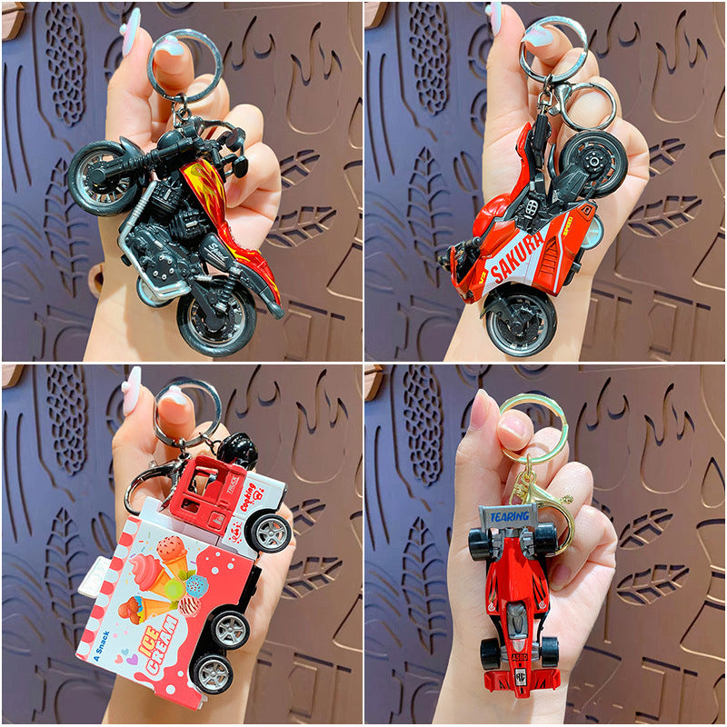 Creative Cool Motorcycle Keychain Pendant Mini Kids Pullback Toy Car School Bag Keychain Small Gift Wholesale