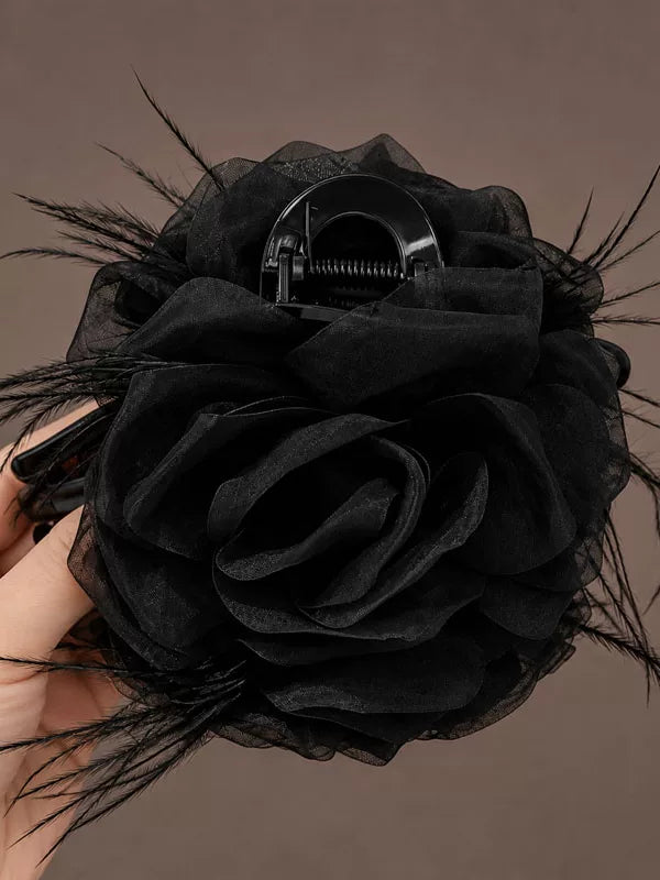 Coffee mesh claw clip for women, sophisticated rose feather hair clip, new style back hair updo, shark clip head floral style