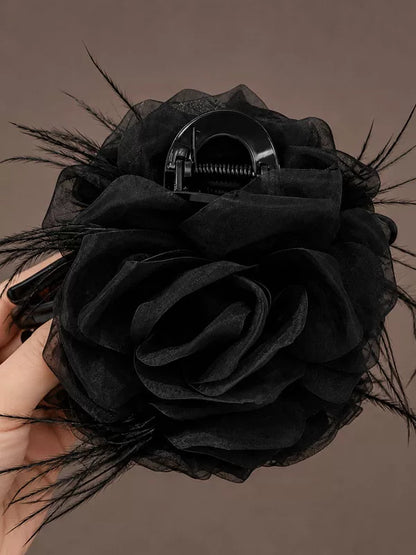 Coffee mesh claw clip for women, sophisticated rose feather hair clip, new style back hair updo, shark clip head floral style