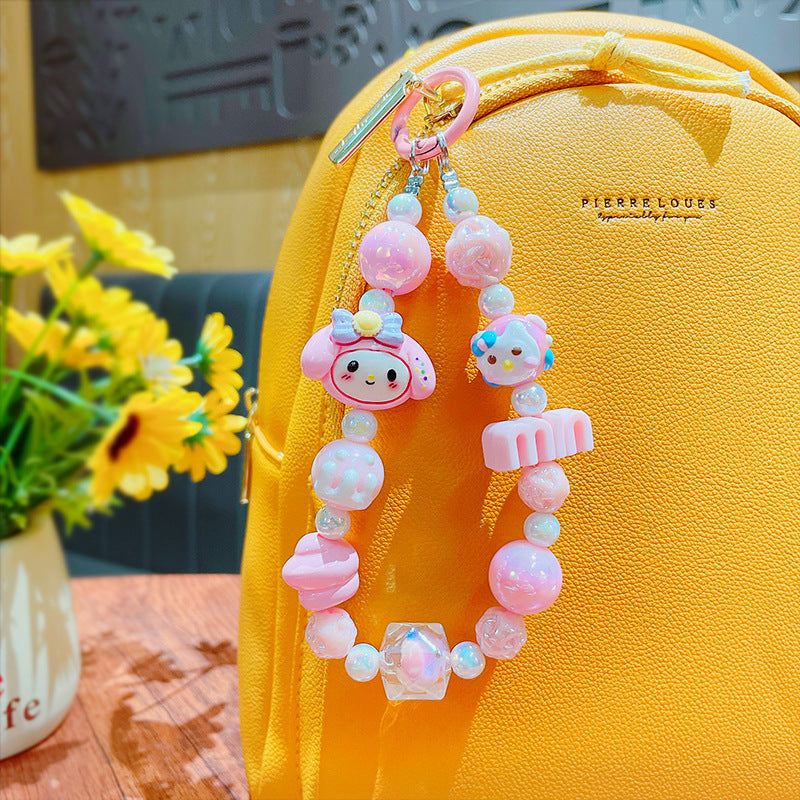 Creative Sanrio beaded mobile phone chain keychain female cute couple bag key chain doll small pendant wholesale