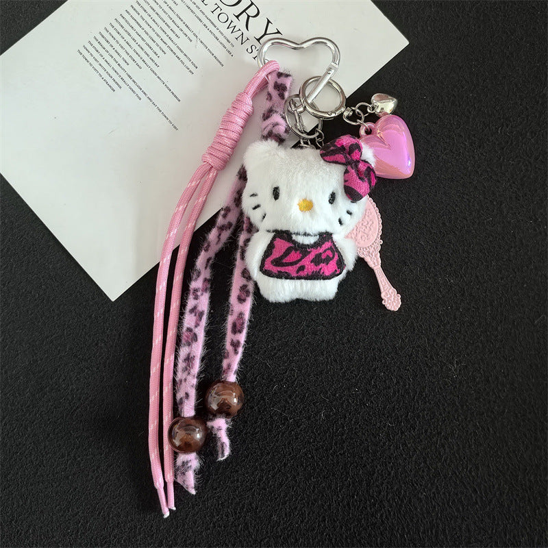 Creative cartoon plush leopard print love cat lanyard bag keychain pendant student school bag keychain pendant
