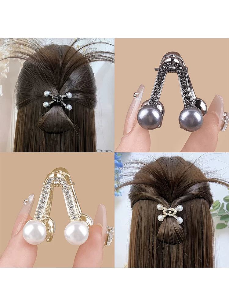 Short hair, awkward phase, half-bun, pearl small clip, high-end V-shaped hair clip at the back of the head, women's hair volume with little clip