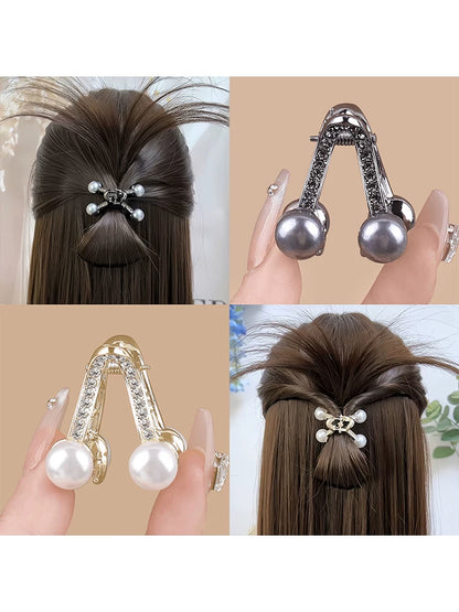 Short hair, awkward phase, half-bun, pearl small clip, high-end V-shaped hair clip at the back of the head, women's hair volume with little clip
