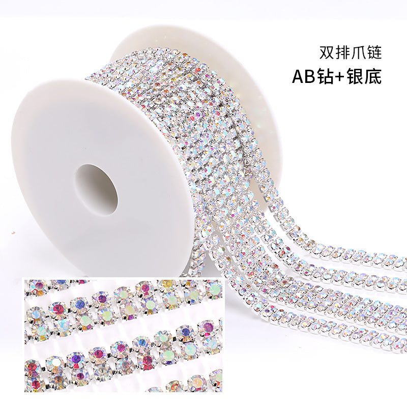 Cross-border new colorful double-row claw chain DIY accessories, diamond chains, gold and silver base, full roll diamond-mounted DIY clothing accessories