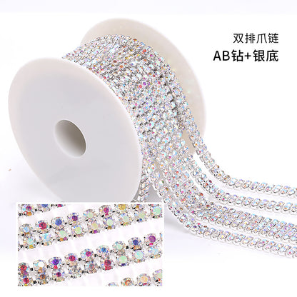 Cross-border new colorful double-row claw chain DIY accessories, diamond chains, gold and silver base, full roll diamond-mounted DIY clothing accessories