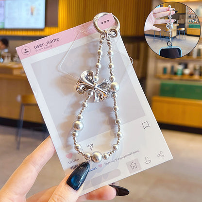 Original DIY silver bow beaded mobile phone chain pendant creative couple miu series bag keychain small pendant