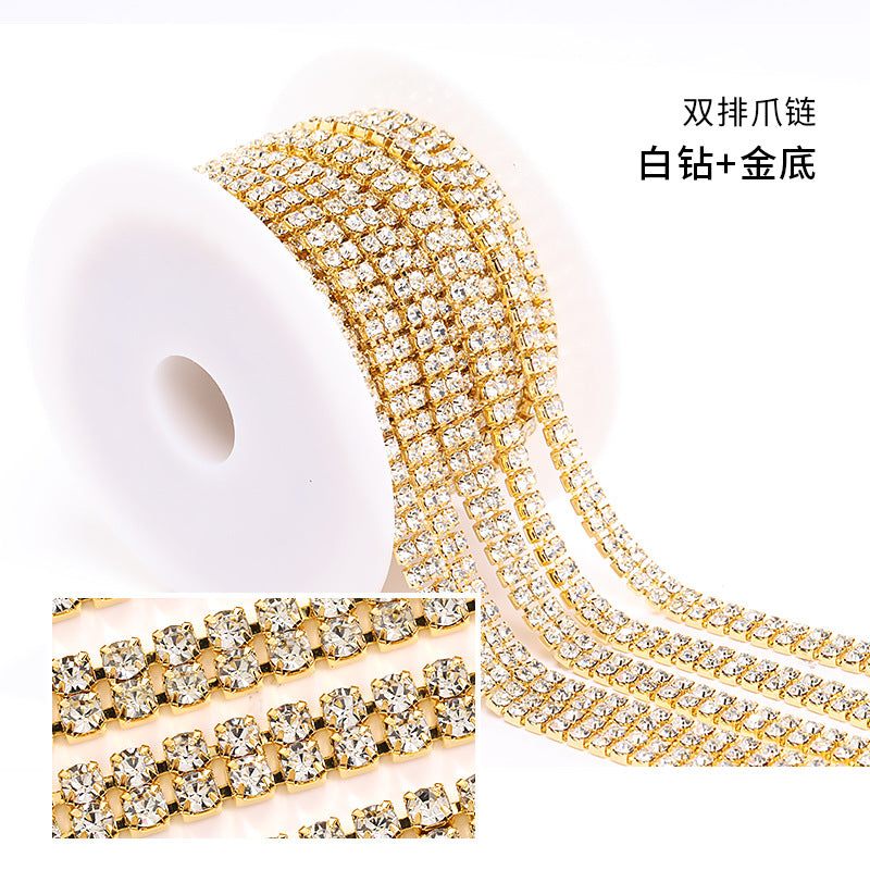 Cross-border new colorful double-row claw chain DIY accessories, diamond chains, gold and silver base, full roll diamond-mounted DIY clothing accessories