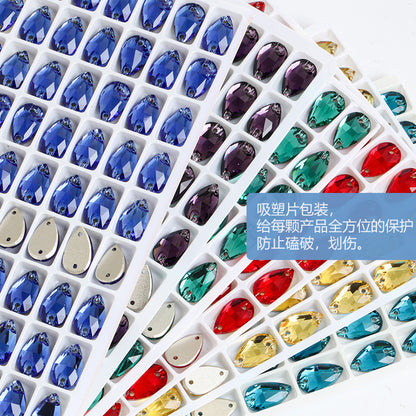K9 Sew-On Teardrop Rhinestone - Double Hole Flat Bottom Perforated Hand Sew Stone for Wedding Dress Luggage Accessories