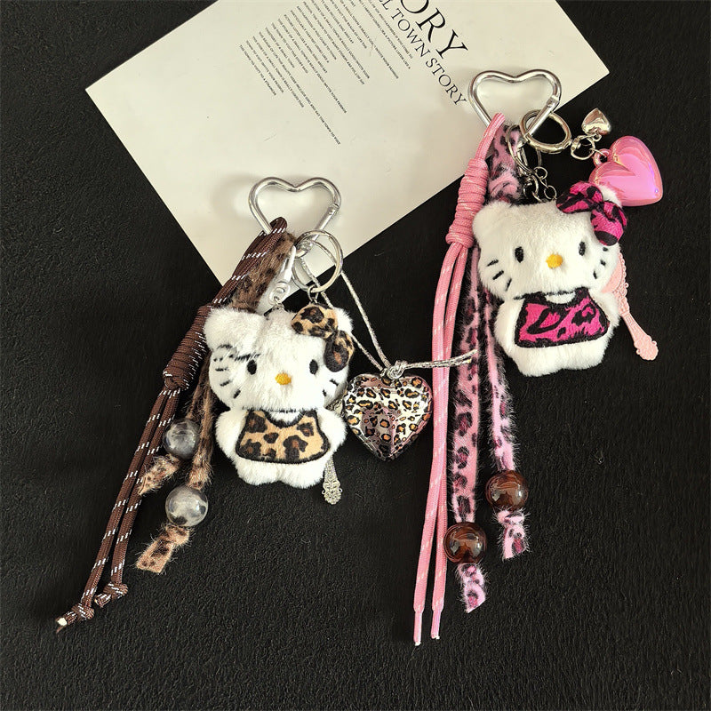 Creative cartoon plush leopard print love cat lanyard bag keychain pendant student school bag keychain pendant