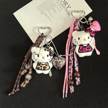Creative cartoon plush leopard print love cat lanyard bag keychain pendant student school bag keychain pendant