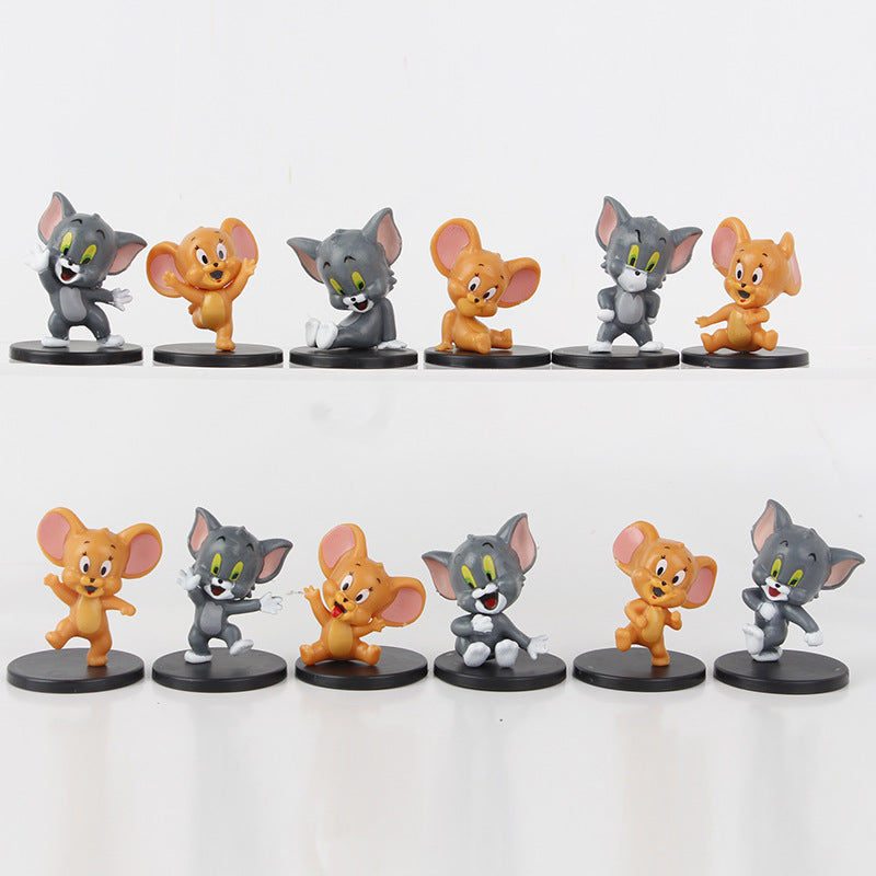 12 cat and mouse figures: Tom Cat and Jerry Q version of the doll model, cute toy cake, toy ornaments