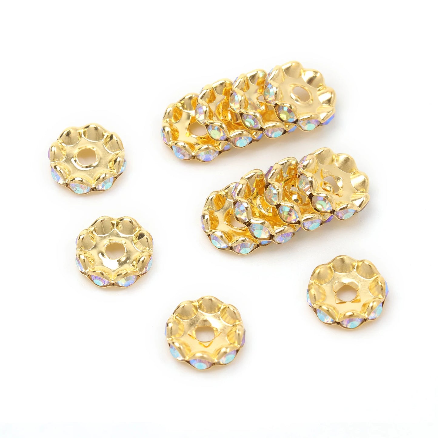 100pcs/Size 12/15mm Wave Side Rhinestone Spacer Beads Colorful Crystal Metal Rondelle for Jewelry Making Diy Crafts Accessories