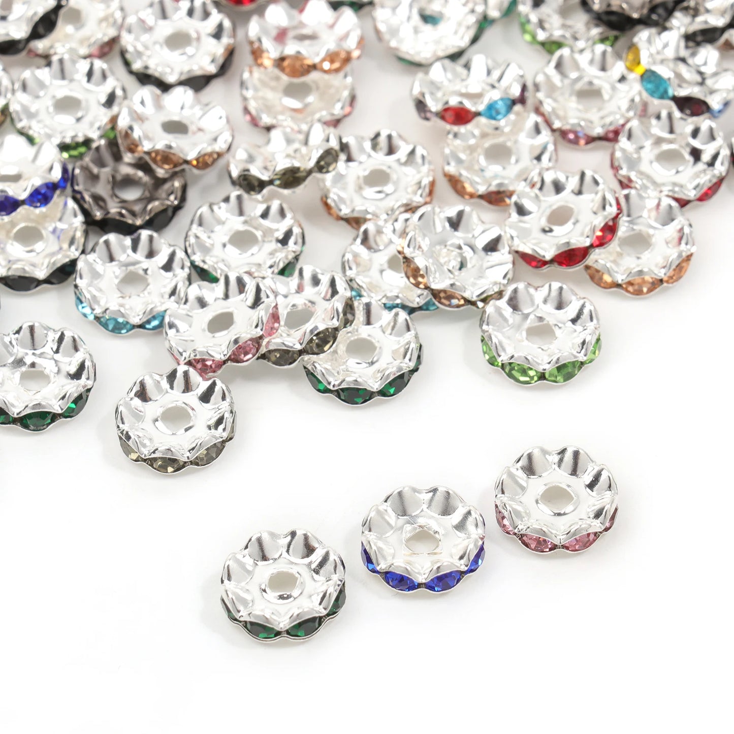 100pcs/Size 12/15mm Wave Side Rhinestone Spacer Beads Colorful Crystal Metal Rondelle for Jewelry Making Diy Crafts Accessories