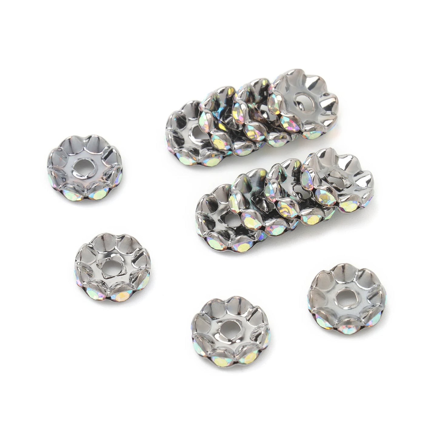 100pcs/Size 12/15mm Wave Side Rhinestone Spacer Beads Colorful Crystal Metal Rondelle for Jewelry Making Diy Crafts Accessories