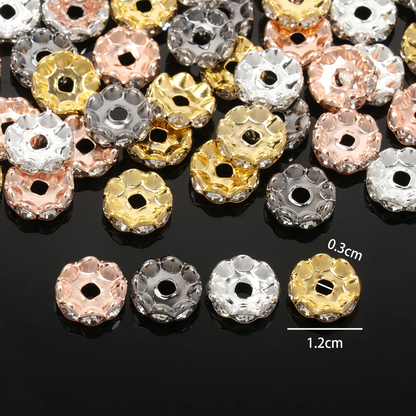 100pcs/Size 12/15mm Wave Side Rhinestone Spacer Beads Colorful Crystal Metal Rondelle for Jewelry Making Diy Crafts Accessories