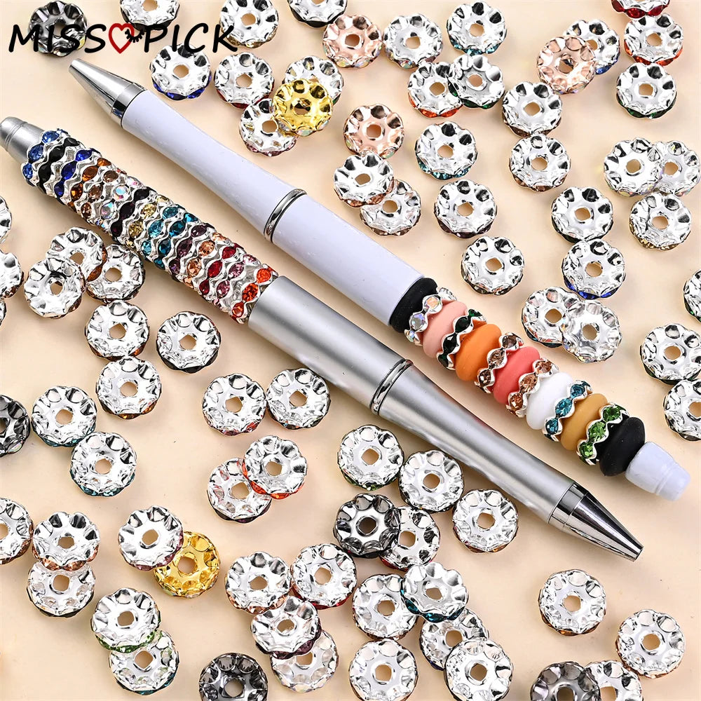 30Pcs 12mm Alloy Wave Edge Rhinestone Beads Multicolor Round Crystal Loose Spacer Beads For Jewelry Making Diy Pen Accessories