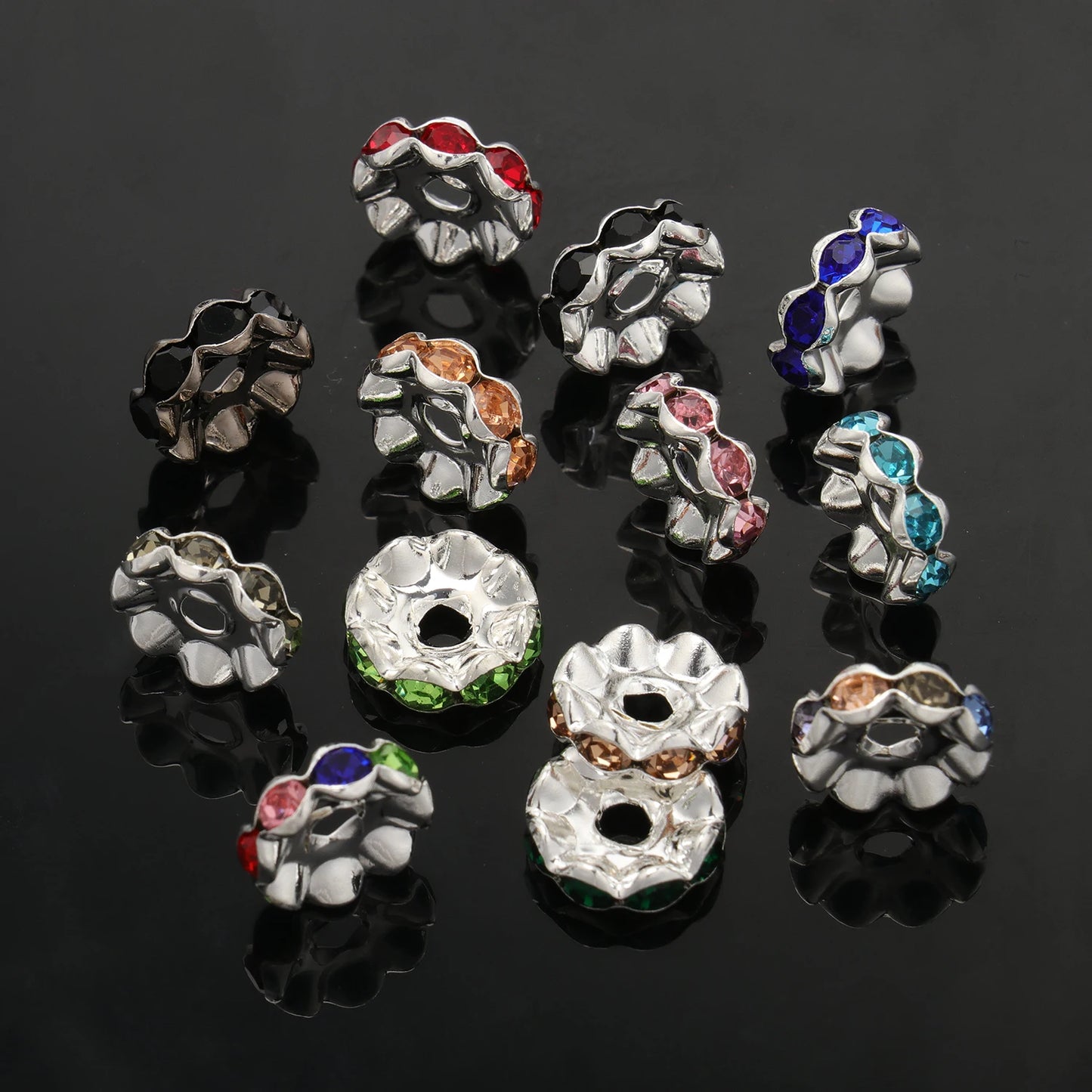 100pcs/Size 12/15mm Wave Side Rhinestone Spacer Beads Colorful Crystal Metal Rondelle for Jewelry Making Diy Crafts Accessories