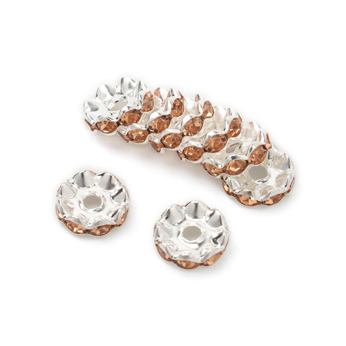 100pcs/Size 12/15mm Wave Side Rhinestone Spacer Beads Colorful Crystal Metal Rondelle for Jewelry Making Diy Crafts Accessories