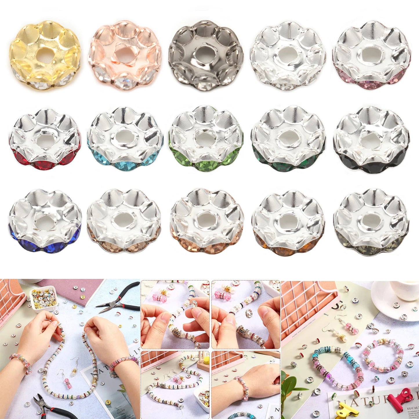 100pcs/Size 12/15mm Wave Side Rhinestone Spacer Beads Colorful Crystal Metal Rondelle for Jewelry Making Diy Crafts Accessories