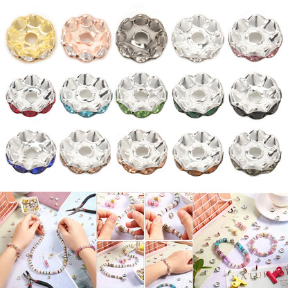 100pcs/Size 12/15mm Wave Side Rhinestone Spacer Beads Colorful Crystal Metal Rondelle for Jewelry Making Diy Crafts Accessories