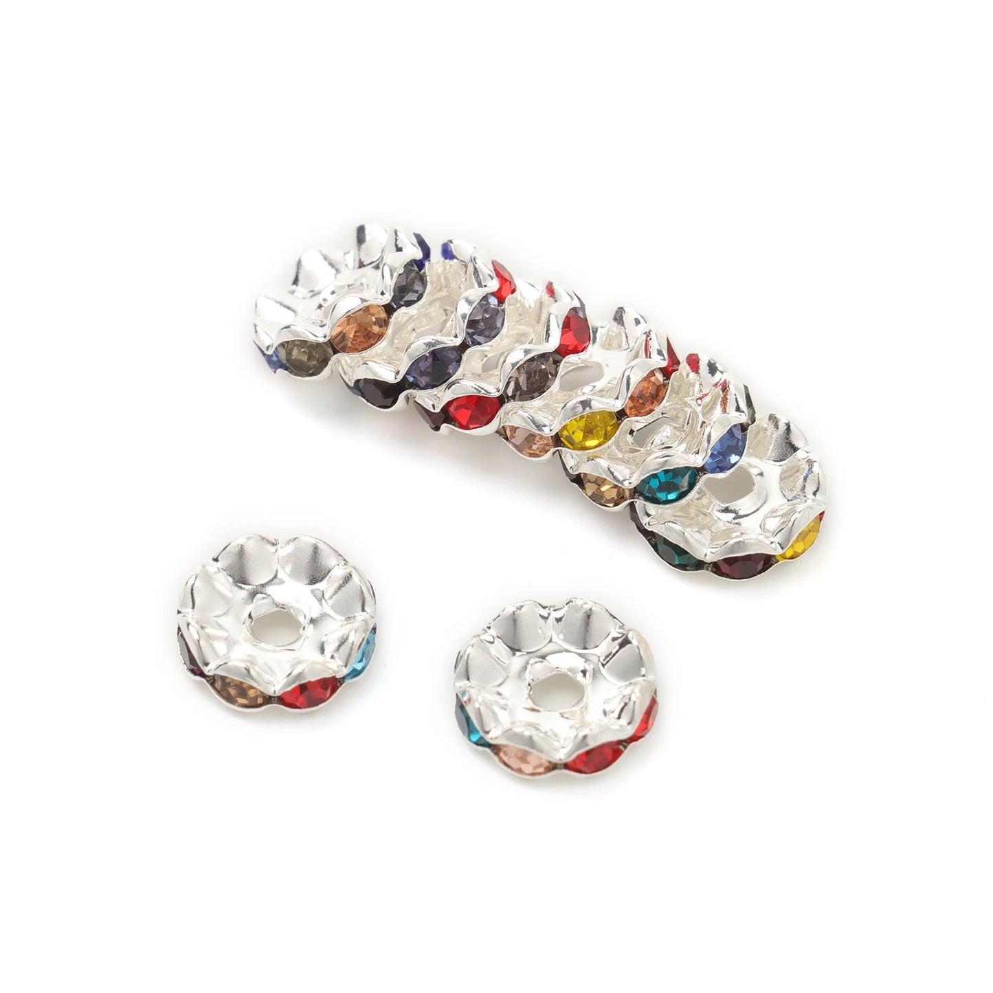 100pcs/Size 12/15mm Wave Side Rhinestone Spacer Beads Colorful Crystal Metal Rondelle for Jewelry Making Diy Crafts Accessories
