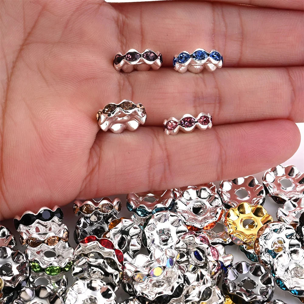 30Pcs 12mm Alloy Wave Edge Rhinestone Beads Multicolor Round Crystal Loose Spacer Beads For Jewelry Making Diy Pen Accessories