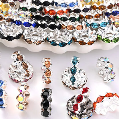 30Pcs 12mm Alloy Wave Edge Rhinestone Beads Multicolor Round Crystal Loose Spacer Beads For Jewelry Making Diy Pen Accessories