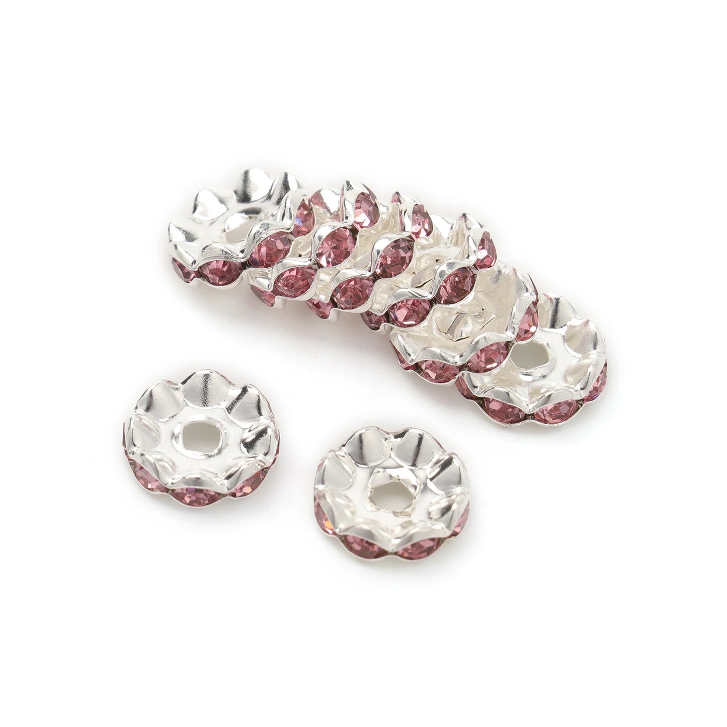 100pcs/Size 12/15mm Wave Side Rhinestone Spacer Beads Colorful Crystal Metal Rondelle for Jewelry Making Diy Crafts Accessories